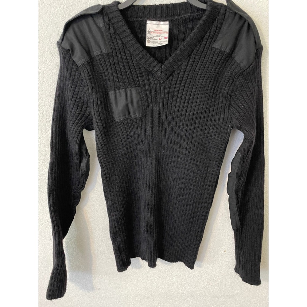 Brigade Quartermaster Mens Wool Pully Sweater Black V-Neck Patch Elbow Shoulder